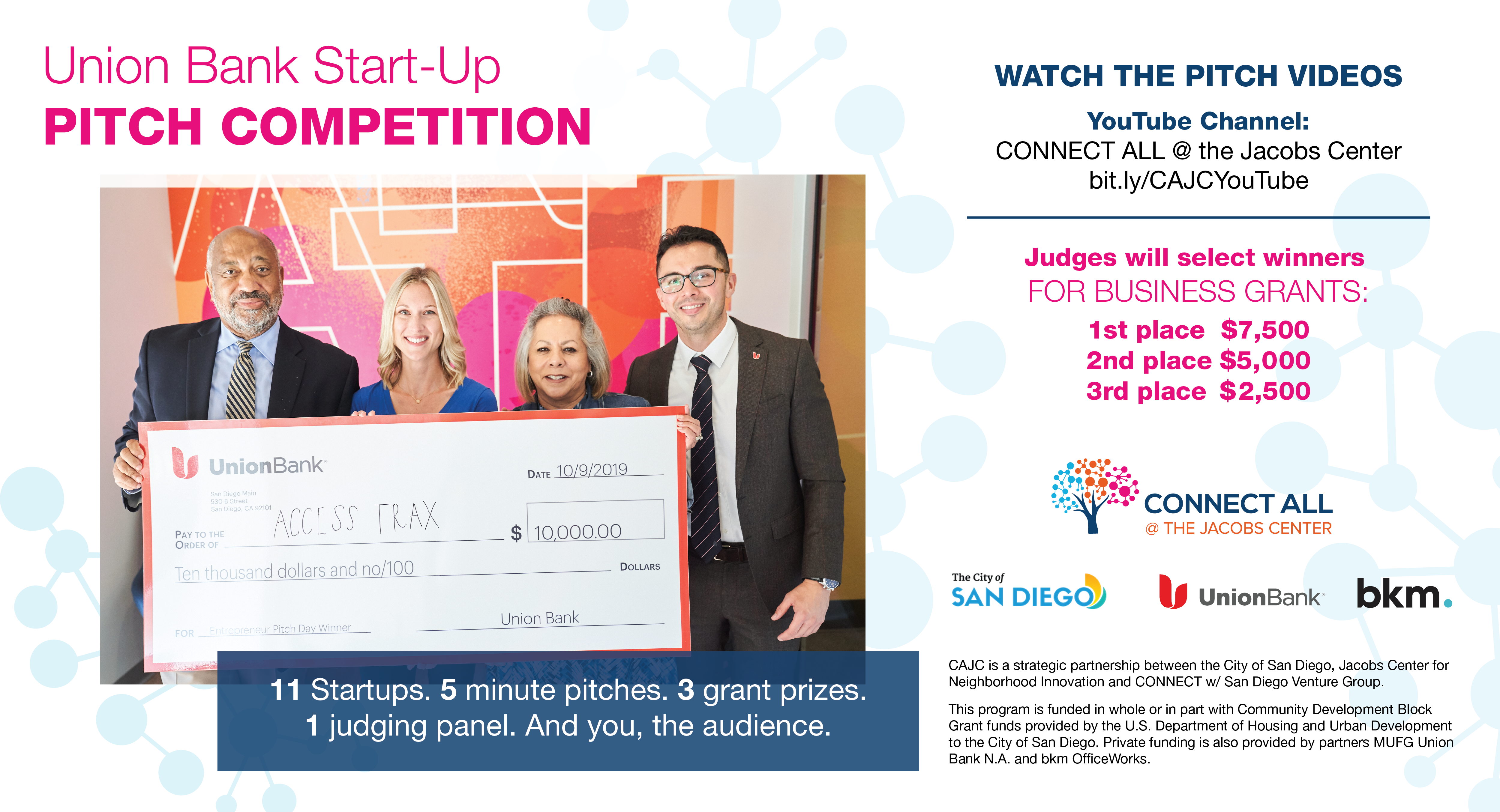 Watch the Pitch Videos on the CONNECT ALL @ the Jacobs Center YouTube chanel at bit.ly/CAJCYouTube. Judges will select winners for business grants. First place gets $7,500. Second place gets $5,000. Third place gets $2,500.
